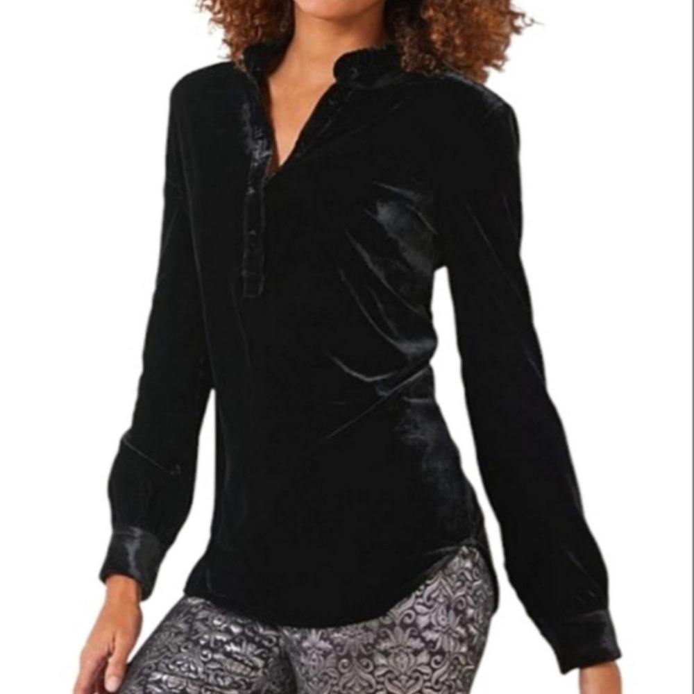 Talbots Ruffle Trim Velvet Popover‎ Blouse Button Front Long Sleeve Black Small